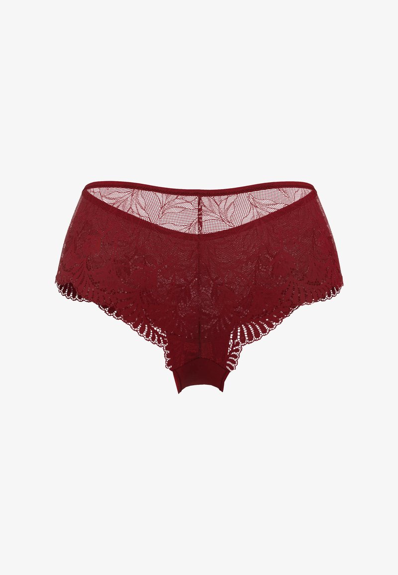 Bordeauxfarbene Spitzenunterwäsche mit floralem Muster, gezackten Kanten und durchsichtigem Rückendesign. Weicher Stoff mit glattem Bund.