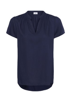 Blouse bleu marine à manches courtes avec encolure froncée, col en V fendu et ourlet arrondi, confectionnée en tissu léger.