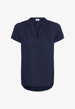 Blouse bleu marine à manches courtes avec encolure froncée, col en V fendu et ourlet arrondi, confectionnée en tissu léger.