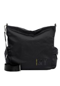Borsa a spalla nera realizzata in tessuto testurizzato, caratterizzata da un design spazioso, tracolla regolabile e hardware in argento. Logo distintivo in giallo.