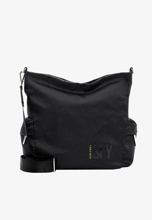 Zwarte schoudertas van textuurstof, met een ruime indeling, verstelbare schouderband en zilveren details. Opvallend logo in het geel.