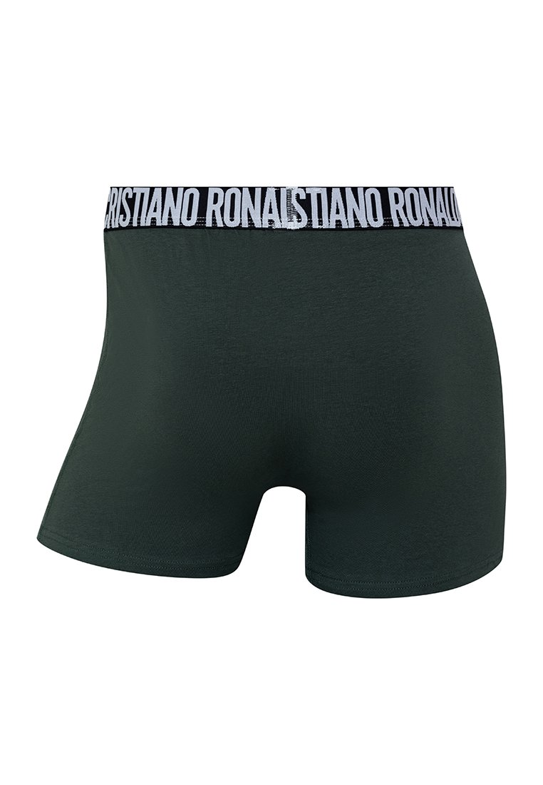Boxers de color verde oscuro con una cintura elástica blanca que presenta el texto "Cristiano" repetido. Tela suave con un diseño ajustado y cobertura hasta mitad del muslo.