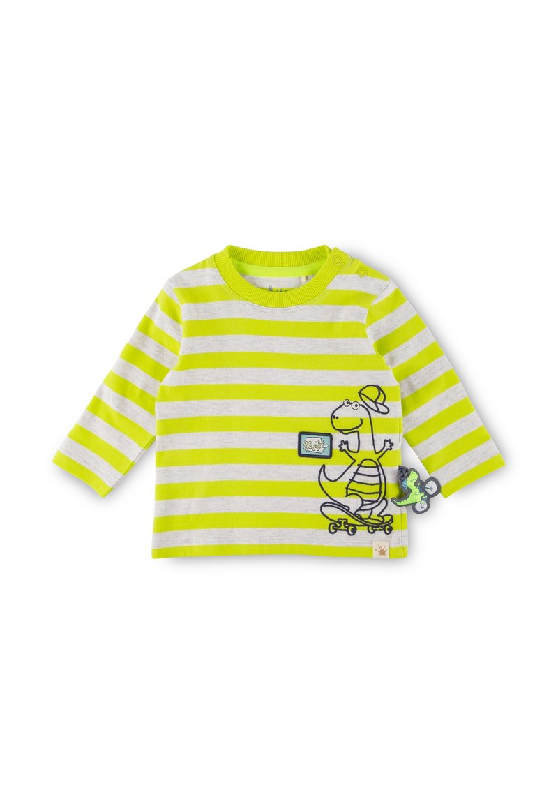 Long-sleeve striped t-shirt in neon yellow and gray, featuring a skateboarding dinosaur graphic and green skateboard accessory.