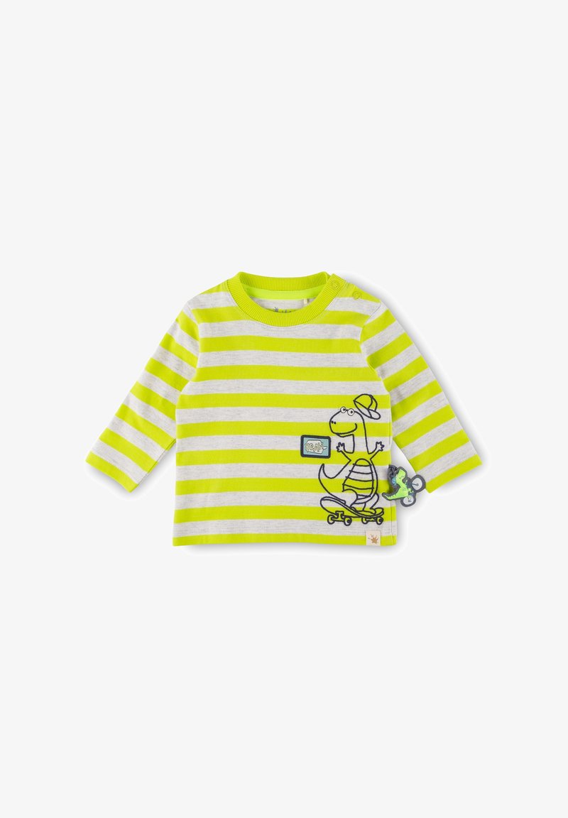 Long-sleeve striped t-shirt in neon yellow and gray, featuring a skateboarding dinosaur graphic and green skateboard accessory.