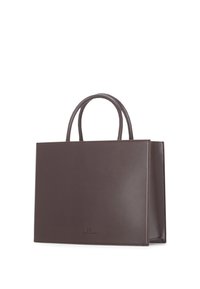 Borsa tote in pelle marrone con texture liscia, forma rettangolare, due manici superiori e logo in rilievo al centro in basso.