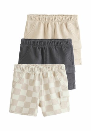 Trois pantalons courts pour tout-petits empilés verticalement, avec des tailles élastiques ; les couleurs comprennent beige, gris foncé et motif à carreaux beige avec une poche latérale.