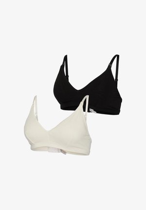 Dwa biustonosze w kształcie trójkąta: jeden czarny, drugi biały, wykonane z miękkiego materiału, z regulowanymi ramiączkami i bezszwowym wykończeniem.