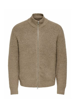 Cardigan beige en maille avec fermeture éclair complète, col montant et manches longues, avec poignets et ourlet côtelés.