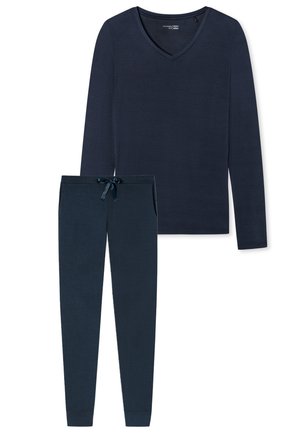 Mörkblå långärmad V-ringad skjorta och matchande smala byxor med dragsko. Mjuk tyg, minimal textur och inga synliga mönster.