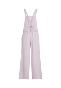 Salopette lavande claire en tissu texturé avec jambes larges, bretelles ajustables et deux poches avant. Lanières à nouer à l'arrière pour ajuster la taille.