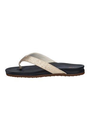 Schwarze Flip-Flop-Sandale mit strukturiertem braunem Sohlenboden und metallisch goldfarbenem V-förmigem Riemen mit Zehensteg.