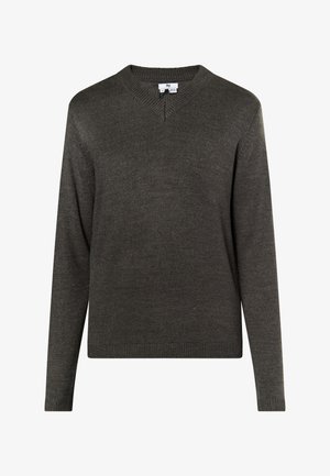 Tmavohnedý sveter vyrobený z pleteniny, s dizajnom v tvare V a dlhými rukávmi, s rebrovanými manžetami a spodným lemom. Jednoduchý a klasický strih.