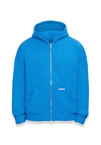 Blaue Zip-Hoodie aus weichem Stoff mit einer Kängurutasche und flachen Kordeln. Verfügt über einen gerippten Bund und Saum. Keine Muster oder Akzente.
