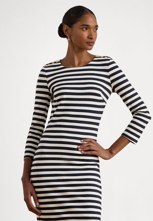 STRIPED PONTE THREE-QUARTER-SLEEVE DRESS
 - Kjole - lauren navy/mascarpone cream