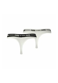 Zwei Damen-Strings, einer weiß und einer schwarz, mit einem weichen Bund mit "PUMA"-Logo und elastischer Textur für Komfort.