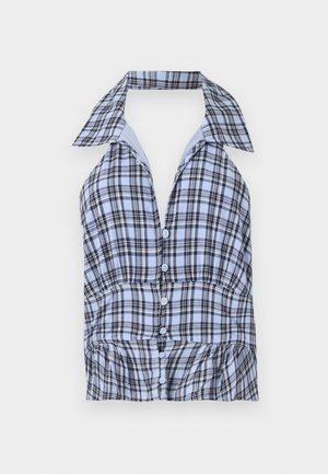 Top halter a quadri blu e bianchi con colletto, caratterizzato da bottoni sulla parte anteriore e orlo arricciato. Realizzato in tessuto leggero.