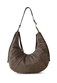 Large, rounded handbag in textured brown material with a black strap. Features an gathered design and gold-tone hardware accents.