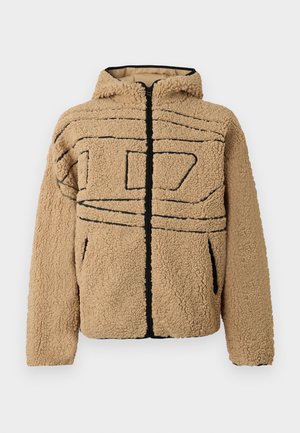 Veste en polaire beige avec capuche, fermeture éclair noire, poches latérales et motifs abstraits en ligne noire sur le devant et les manches.