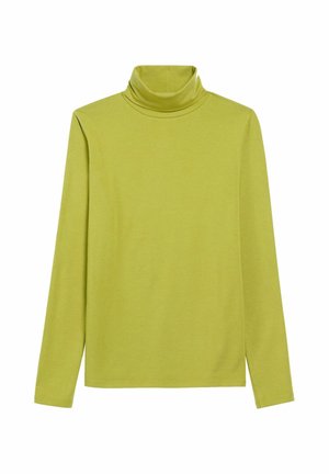 Zielona koszulka z długim rękawem i golfem, wykonana z miękkiego materiału, pokazana na płasko na białym tle.