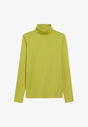 Zielona koszulka z długim rękawem i golfem, wykonana z miękkiego materiału, pokazana na płasko na białym tle.