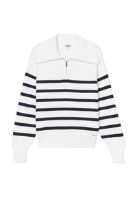 Pull à maille blanche avec des rayures horizontales bleu marine, col zippé à mi-hauteur, poignets et ourlet côtelés. Texture douce, design décontracté.