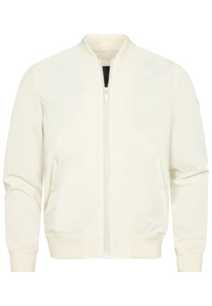Lätt, beige bomberjacka med dragkedja fram, två sidofickor, ribbade ärmslut och midja samt en slät, matt yta.