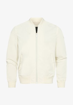 Chaqueta bomber ligera de color beige con cierre frontal, dos bolsillos laterales, puños y dobladillo acanalados, y un acabado liso y mate.