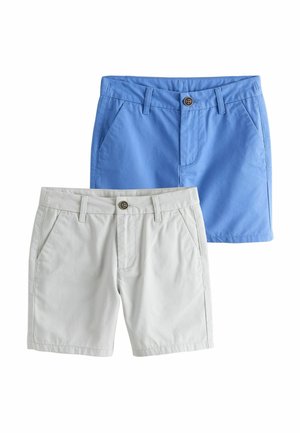 Zwei Shorts: eine blaue und eine hellgraue, aus Baumwolle, mit Fronttaschen, Knopfverschluss und geradem Schnitt.