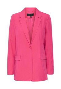 Blazer rose en tissu léger, doté d'un revers à cran, d'une fermeture par un seul bouton et de deux poches avant. Texture lisse, coupe ajustée.