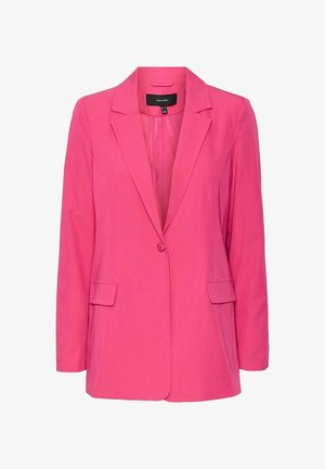 Roze blazer gemaakt van lichtgewicht stof, met een geschulpte reverskraag, enkele knoopsluiting en twee voorzakken. Soepele textuur, op maat gemaakte pasvorm.