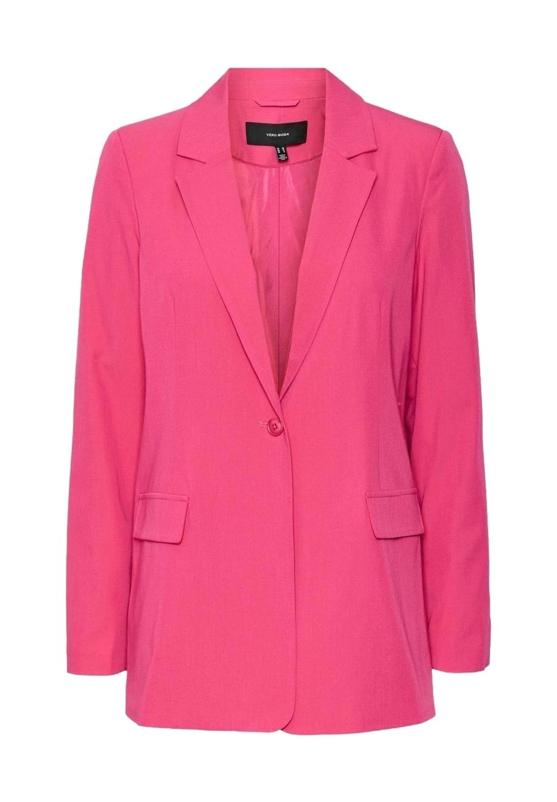 Blazer rose en tissu léger, doté d'un revers à cran, d'une fermeture par un seul bouton et de deux poches avant. Texture lisse, coupe ajustée.