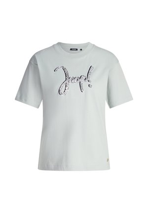 Weißes kurzärmeliges T-Shirt mit Rundhalsausschnitt, mit silbernem Pailletten-„Joop!“-Logo, das mittig auf der Vorderseite platziert ist.