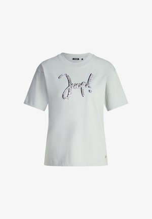 Weißes kurzärmeliges T-Shirt mit Rundhalsausschnitt, mit silbernem Pailletten-„Joop!“-Logo, das mittig auf der Vorderseite platziert ist.
