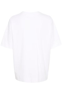 Hvid t-shirt, oversized pasform, korte ærmer, rund hals, glat bomuldsstof, minimalistisk design, velegnet til afslappet brug.