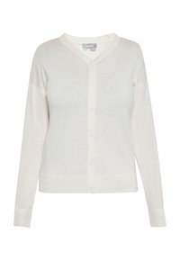 Cardigan alb cu decolteu în V, front cu nasturi și manșete și tiv cu model côtelé. Fabricat dintr-un material moale cu o textură netedă și o croială lejeră.
