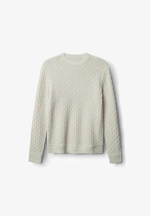 Világos krém színű kötött pulóver, texturált mintával, kerek nyakkivágással, bordázott mandzsettákkal és aljjal. Egyszerű kialakítás, látható fémrészek nélkül.