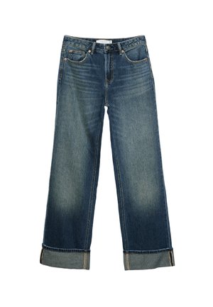 Jeans in denim blu a gamba larga, con una finitura sbiadita, design a cinque tasche e orli ripiegati con cuciture a contrasto. Texture liscia.