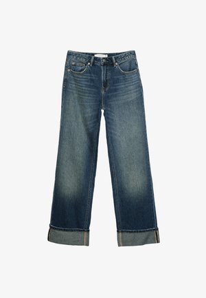 Bredde ben blå denim jeans med en falmet finish, fem lomme-design og foldede manchetter med kontrastsyninger. Glat tekstur.
