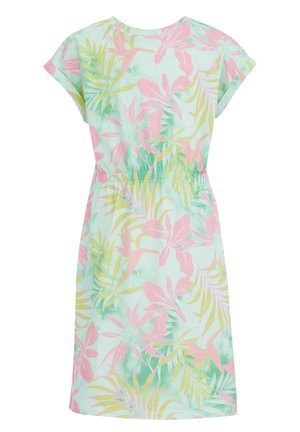 Jasnozielona sukienka z krótkim rękawem, z różowo-żółtym tropikalnym nadrukiem liści i kwiatów, z talią podkreśloną ściągaczem.