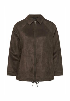 Ciemnobrązowa zamszowa kurtka z pełnym suwakiem z przodu, kołnierzem do złożenia, długimi rękawami oraz troczkiem u dołu.