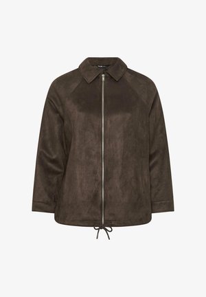 Tummanruskea mokkanahkatakki, jossa on kokopitkä vetoketju edessä, käännettävä kaulus, pitkät hihat ja kiristysnaru helmassa.