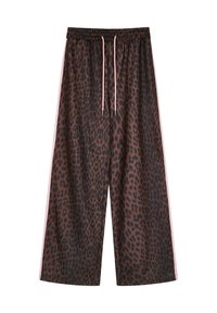 Pantaloni marroni a gamba larga con stampa leopardata nera, vita elastica, strisce laterali rosa e lacci rosa in vita.