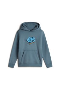 Felpa con cappuccio in tessuto blu-verde, con un logo grafico centrale "VANS" che presenta un motivo di skateboard, e una tasca a marsupio frontale.