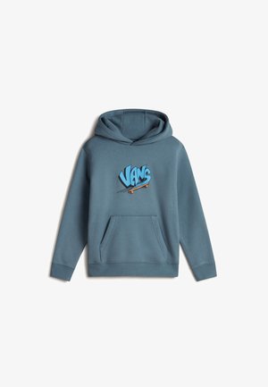 Felpa con cappuccio in tessuto blu-verde, con un logo grafico centrale "VANS" che presenta un motivo di skateboard, e una tasca a marsupio frontale.