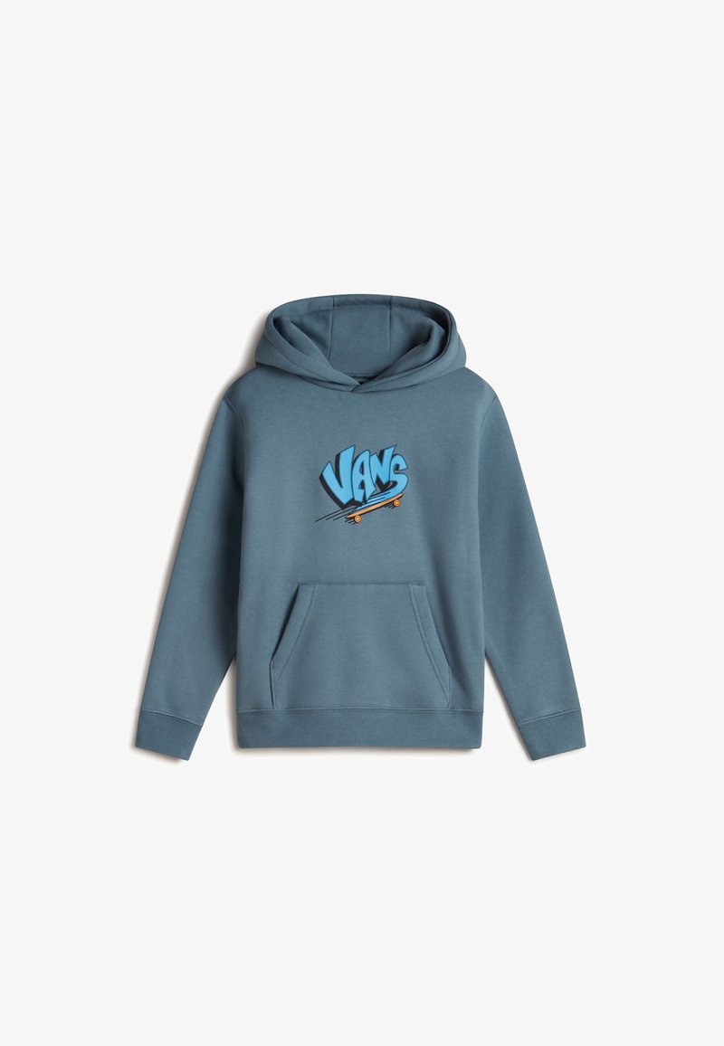 Felpa con cappuccio in tessuto blu-verde, con un logo grafico centrale "VANS" che presenta un motivo di skateboard, e una tasca a marsupio frontale.