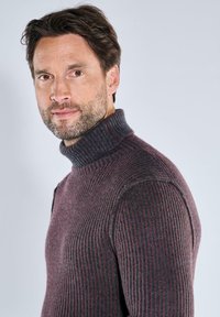 Mann mit kurzem braunem Haar und Bart, der einen dunklen gerippten Rollkragenpullover trägt und leicht zur Seite schaut vor einem schlichten hellen Hintergrund.