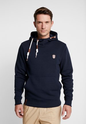 Marine hoodie van een katoenmix met een kangaroo pocket, verstelbare koordjes en bruine accenten. Bevat een logopatch op de borst.