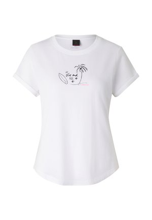 Biała koszulka z krótkim rękawem z czarnym rysunkiem linii przedstawiającym palmę, deskę surfingową, gwiazdy oraz tekst "Fire and Ice" na piersi.