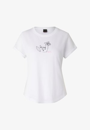 Biała koszulka z krótkim rękawem z czarnym rysunkiem linii przedstawiającym palmę, deskę surfingową, gwiazdy oraz tekst "Fire and Ice" na piersi.