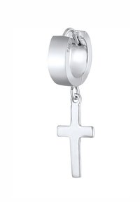 Orecchino a cerchio in argento con un ciondolo a croce pendente. L'orecchino presenta una superficie liscia e lucida e un design semplice e geometrico.